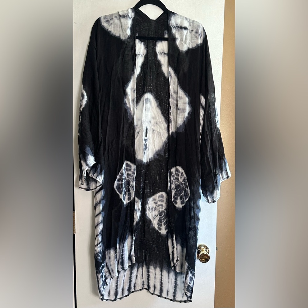 Black White Tie Dye Kimono Duster One Size Viscose Boho Lightweight Cover Up